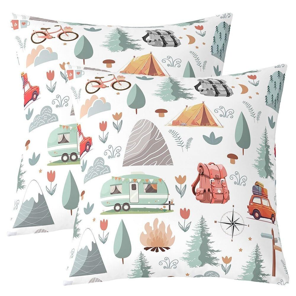 9780 Set of 2 Camper Theme Throw Pillow Covers 24x24 inch, Happy Camping